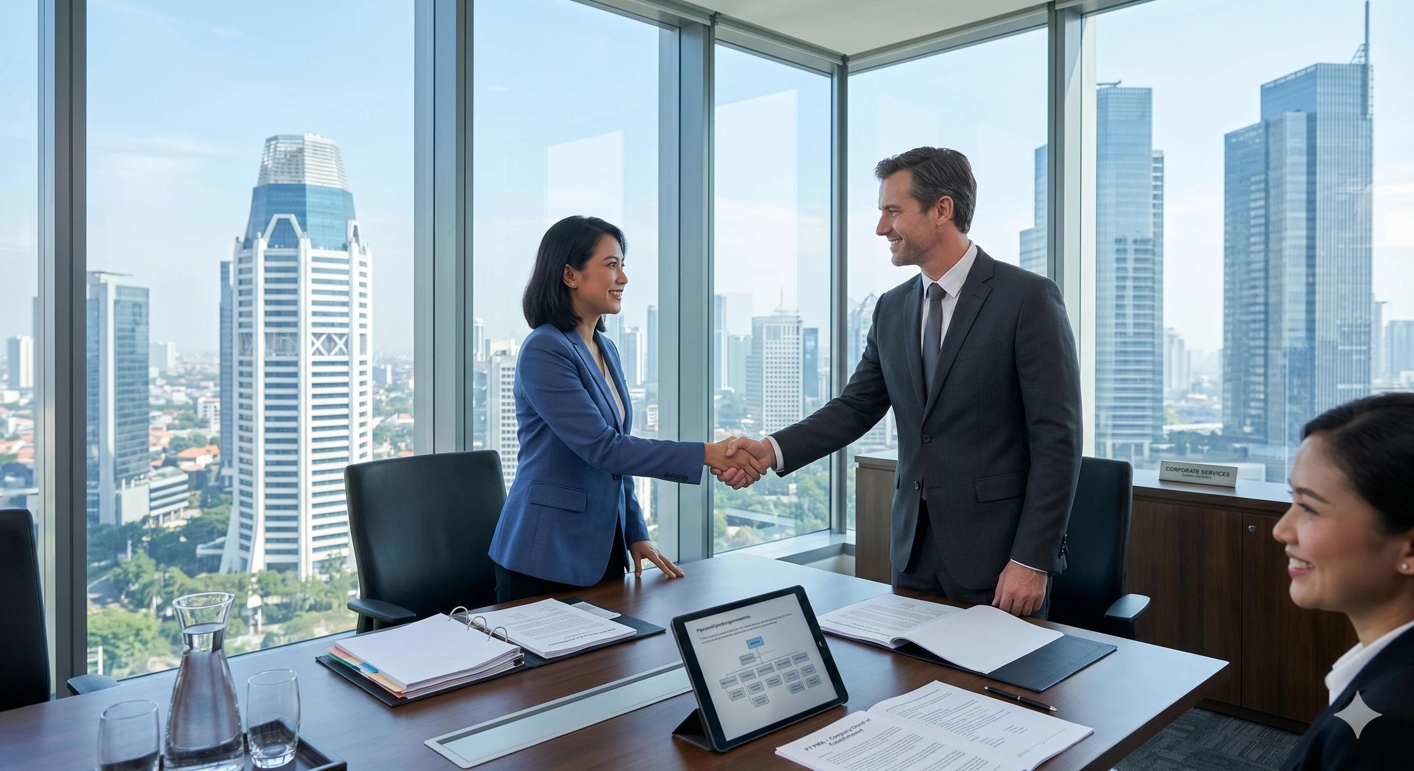 Business people shaking hands in a modern Jakarta office